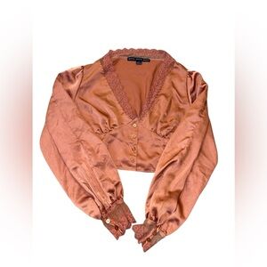 HYFVE Satin Lace Trim Button-Up Blouse – Size L